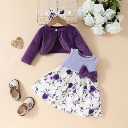 2pcs Baby Girl Plush Jacket Vest Butterfly Dress Set