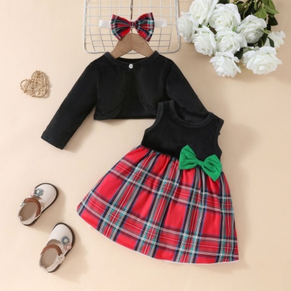 3pcs Baby Girl Plush Long Sleeve Short Jacket + Vest Bow Tie Plaid Dress + Hairband Set