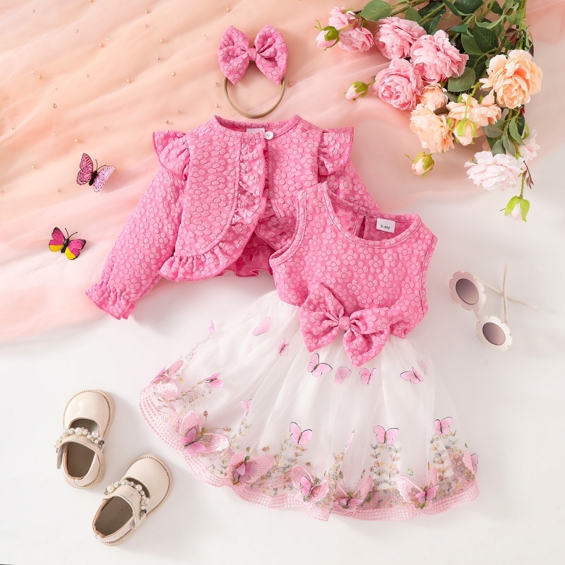 3pcs Baby Girl Ruffled Long Sleeve Jacket + Butterfly Mesh Vest Dress + Hairband Set