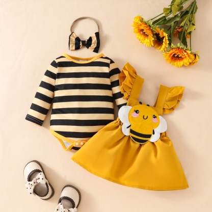 2pcs Cute Bee Striped Long Sleeve Bodysuit + Embroidered Back Dress Set