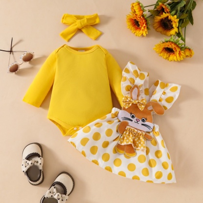 3pcs Solid Long Sleeve Bodysuit  + Cute Bunny Embroidered Ruffle Dot Back Skirt + Hairband Set