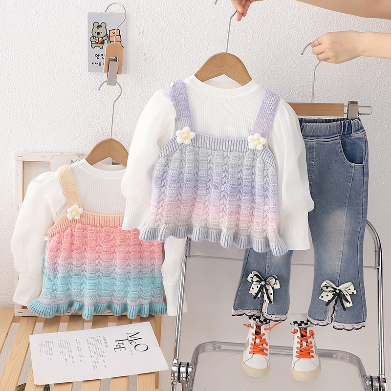 3pcs Baby Girl Rainbow Camisole Sweater + Bubble Sleeve Long Sleeve Top + Jeans Set