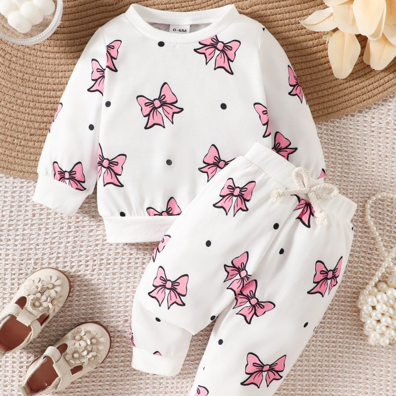 2pcs Baby Girl Bow Printed Round Neck Long Pants Set