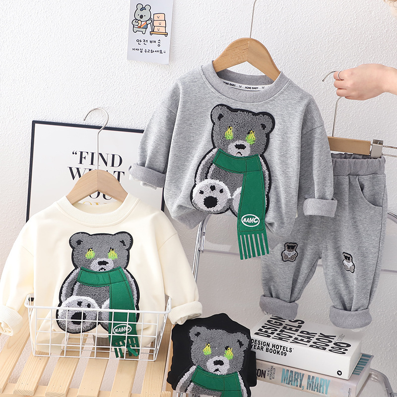 2pcs Baby Boy Scarf Bear Long Sleeve Casual Set