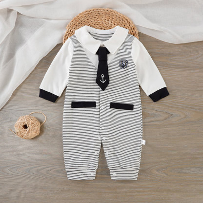 Baby Boy Tie Stripe Badge False Two Piece Romper