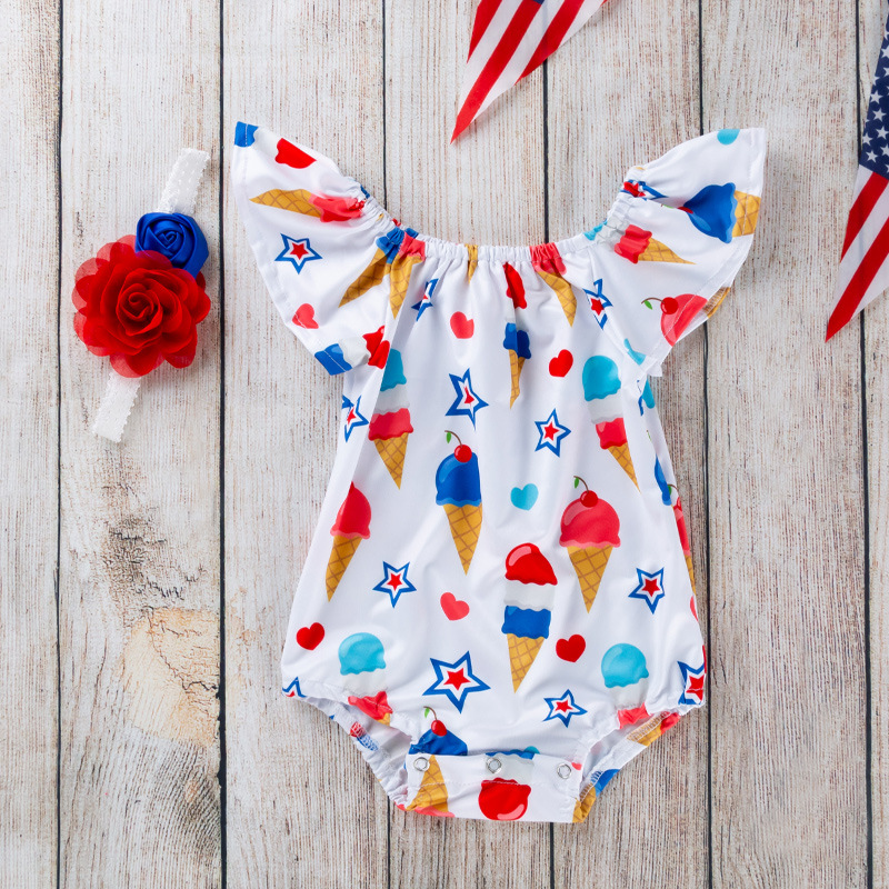 Baby Girl American Independence Day Ice cream Flysleeve Bodysuit