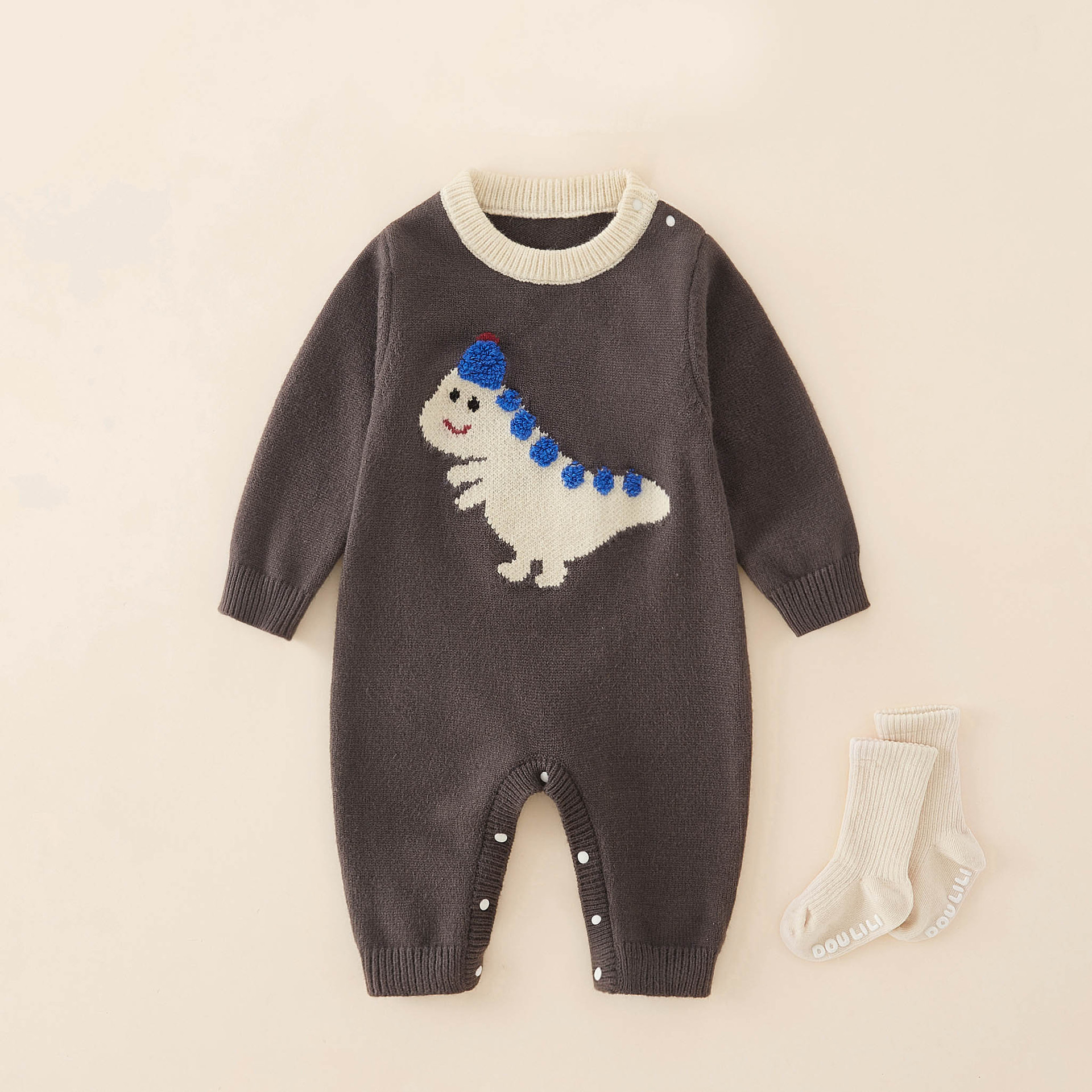 Baby Boy Cartoon Dinosaur Knitted Romper