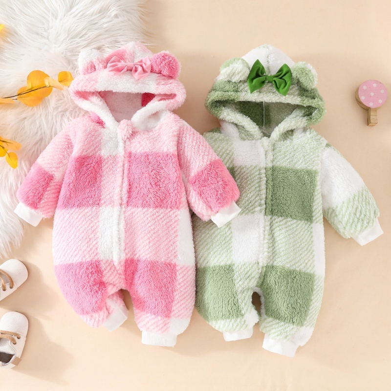 Baby Girl Cute Plaid Thickened Hooded Romper