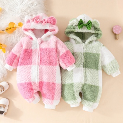 Baby Girl Cute Plaid Thickened Hooded Romper