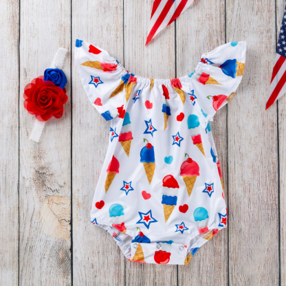 Baby Girl American Independence Day Ice cream Flysleeve Bodysuit