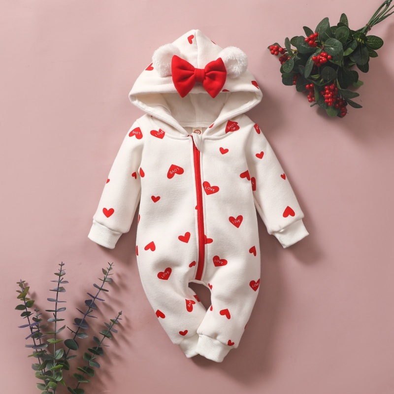 Baby Girl Bow Tie Hooded Long Sleeve Love Print Zip Up Romper