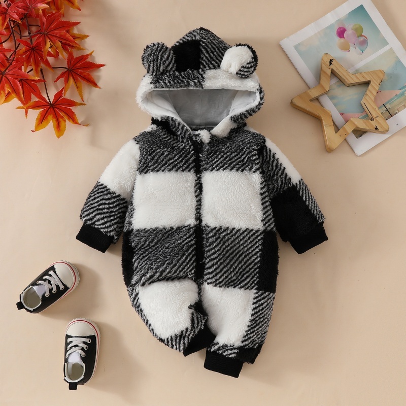 Baby Boy Plaid Thickened Hooded Romper