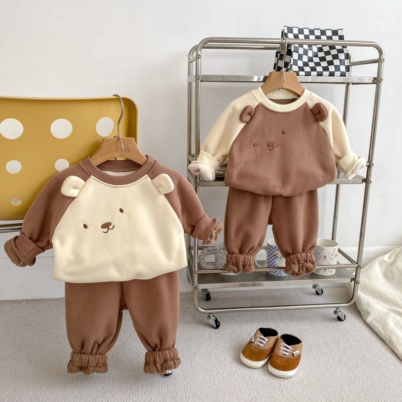 2Pcs Baby Girl/Boy Cartoon Bear Clash Colour Padded Thickened Sweatshirt Set