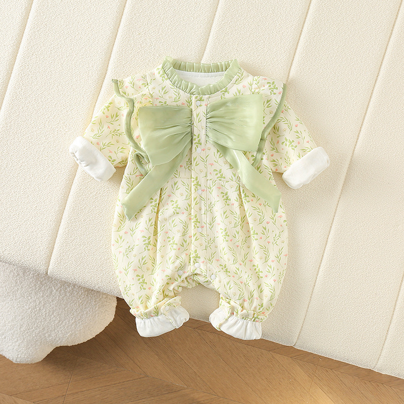 Baby Girl Small Chopped Willow Leaf Embossed Bow Romper