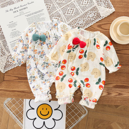 Baby Girl Gauze Bow Tattered Bear Romper