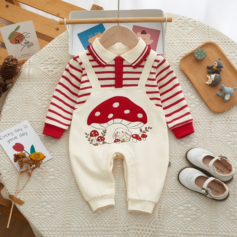 Baby Girl Mushroom Bunny Lapel Stripe False Two Piece Romper