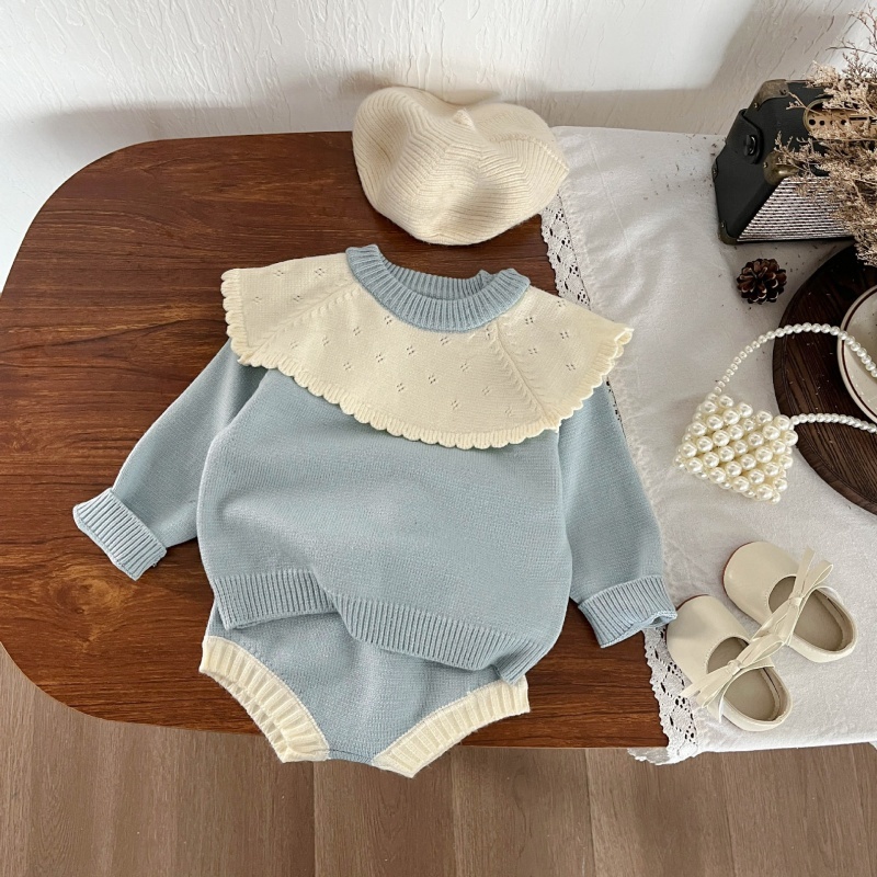 2pcs Baby Girl Knitted Ruffle Collision Colour Hairball Shorts Set