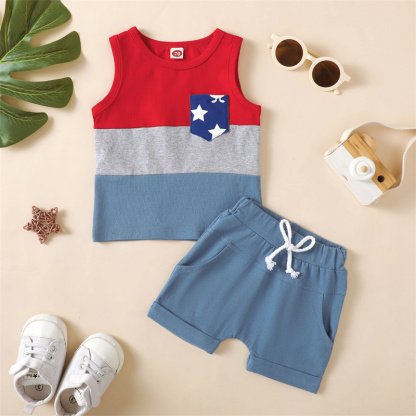 2pcs Baby Boy/Girl American Independence Day Color combination Sleeveless T-shirt with Pant Set