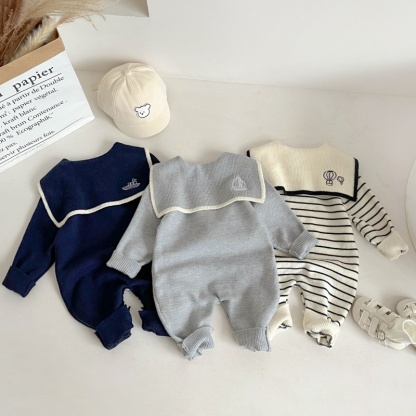 Baby Boy/Girl Knitted Navy Collar Long Sleeve Bodysuit 