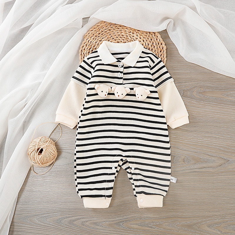 Baby Girl/Boy Cartoon Stripe Lapel Romper