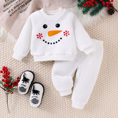 2pcs Baby Girl/Boy Christmas Snowman Crew Neck Sweatshirt and Pants Set