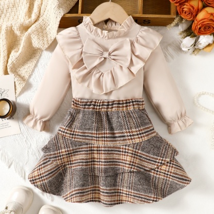 Baby Girl Long Sleeve Bow Lace Shirt Plaid Skirt