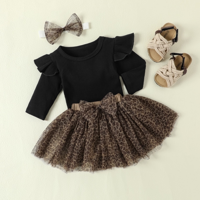 3pcs Baby Girl Solid Colour Pit Stripe Bodysuit + Leopard Print Mesh Skirt + Hairband Set