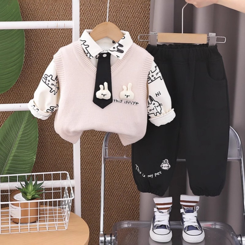 3pcs Baby Girl/Boy Cute Cartoon Thickened Sweater Vest Set