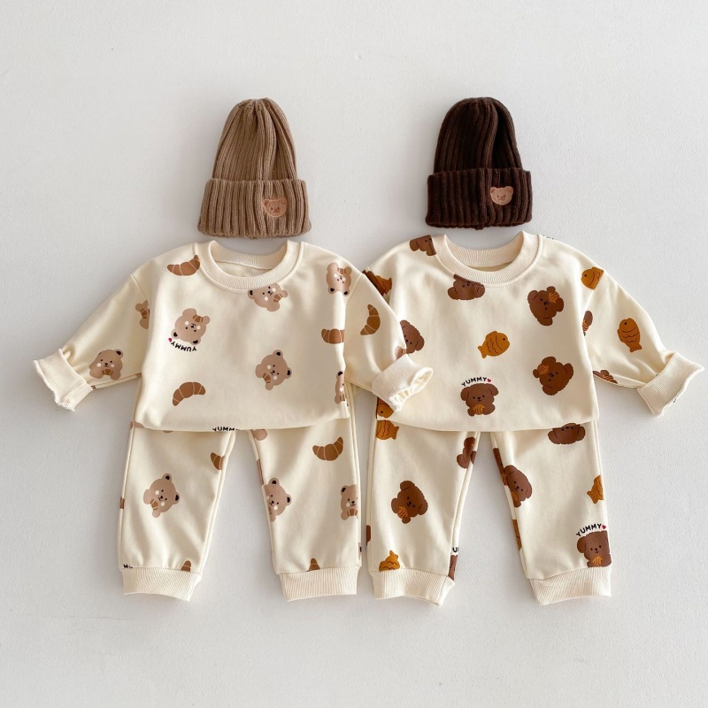 2pcs Baby Girl/Boy Full-printed Cartoon Bear Round Neck Long Sleeve Set