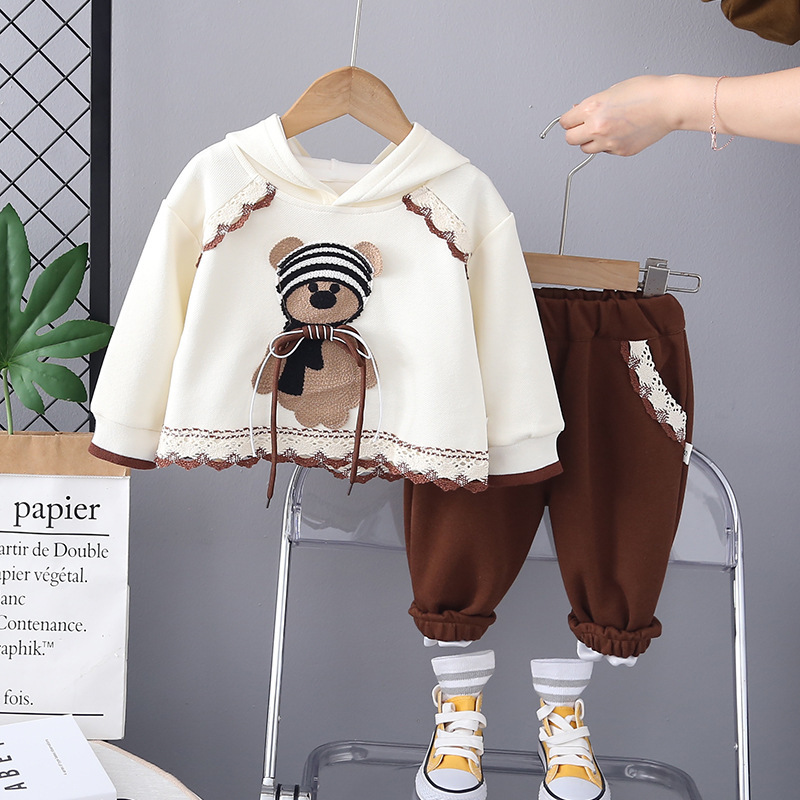 2pcs Baby Girl Hooded Cartoon Bear Sweatshirt Long Sleeve Set