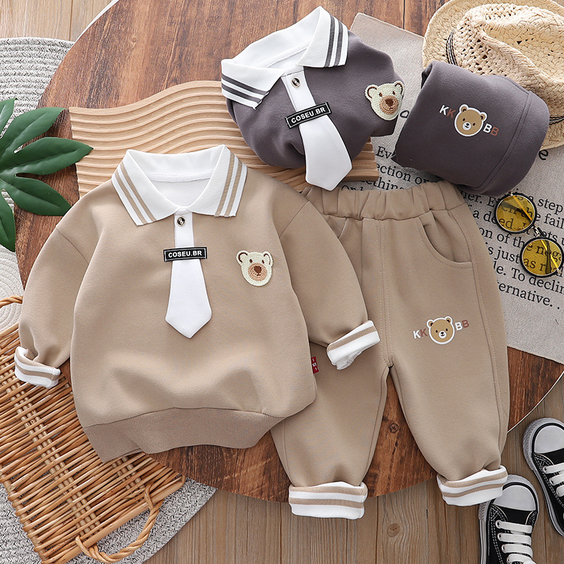 2pcs Baby Boy Bear Collar Sweatshirt Long Sleeve Set