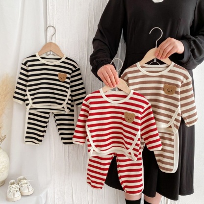 2pcs Baby Girl/Boy Waffle Bear Stripe Long Sleeve Set