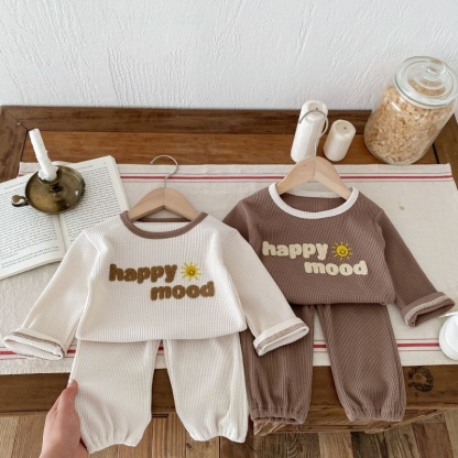 2pcs Baby Girl/Boy WaffleLetter Long Sleeve Set