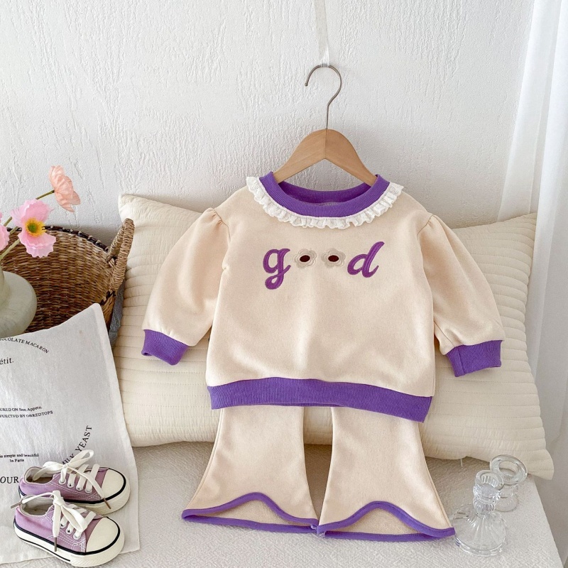 2pcs Baby Girl Lace Crew Neck Top Flared Pants Long Sleeve Set