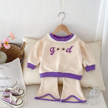 2pcs Baby Girl Lace Crew Neck Top Flared Pants Long Sleeve Set