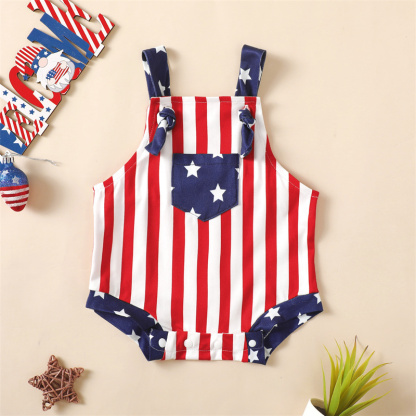 Baby Girl American Independence Day Red Striped Pocket Stars Bodysuit