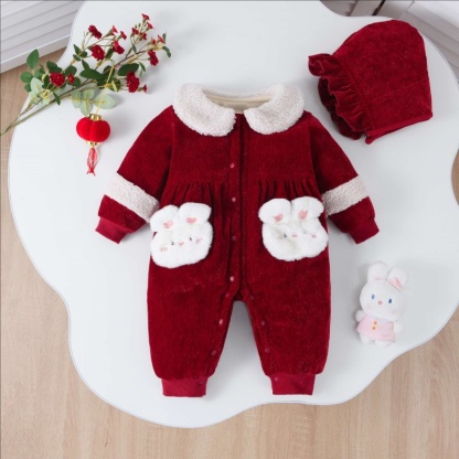 Baby Girl Padded and Thickened Cute Bunny Romper with Hat 