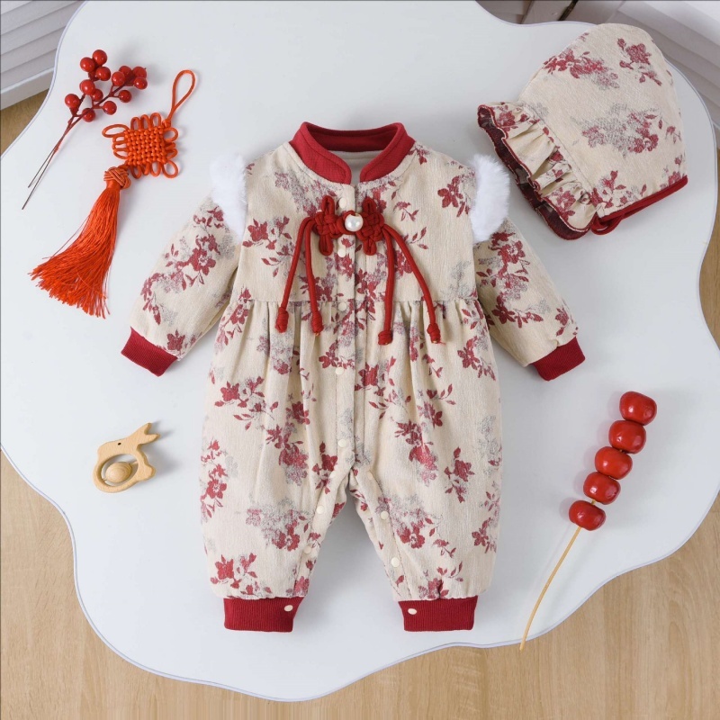 Baby Girl Padded and Thickened Cute Bunny Romper with Hat