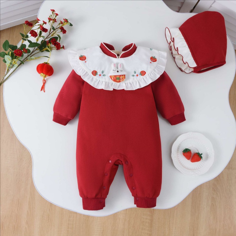 Baby Girl Chinese Style Bunny Strawberry Romper with Hat 