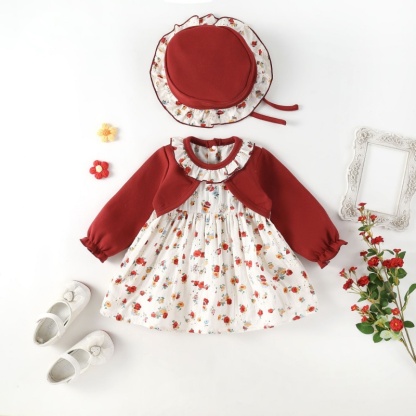 Baby Girl Long Sleeve Fake Two Piece Floral Butterfly Dress with Hat