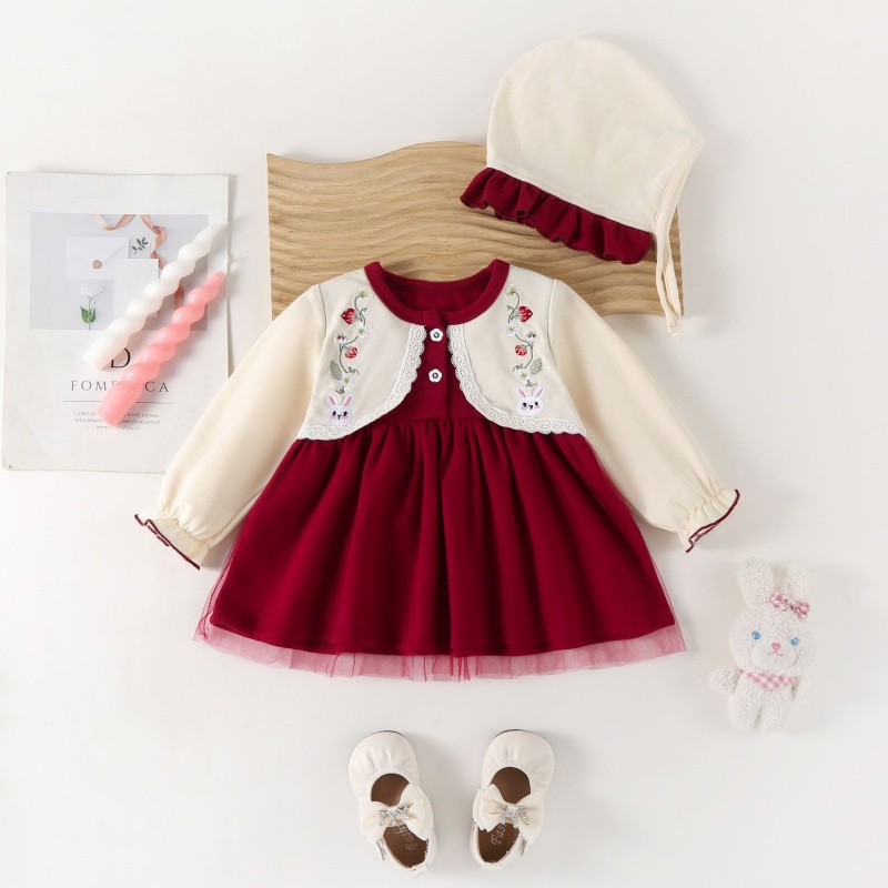 Baby Girl Long Sleeve False Two Piece Embroidered Rabbit Bilateral Dress with Hat