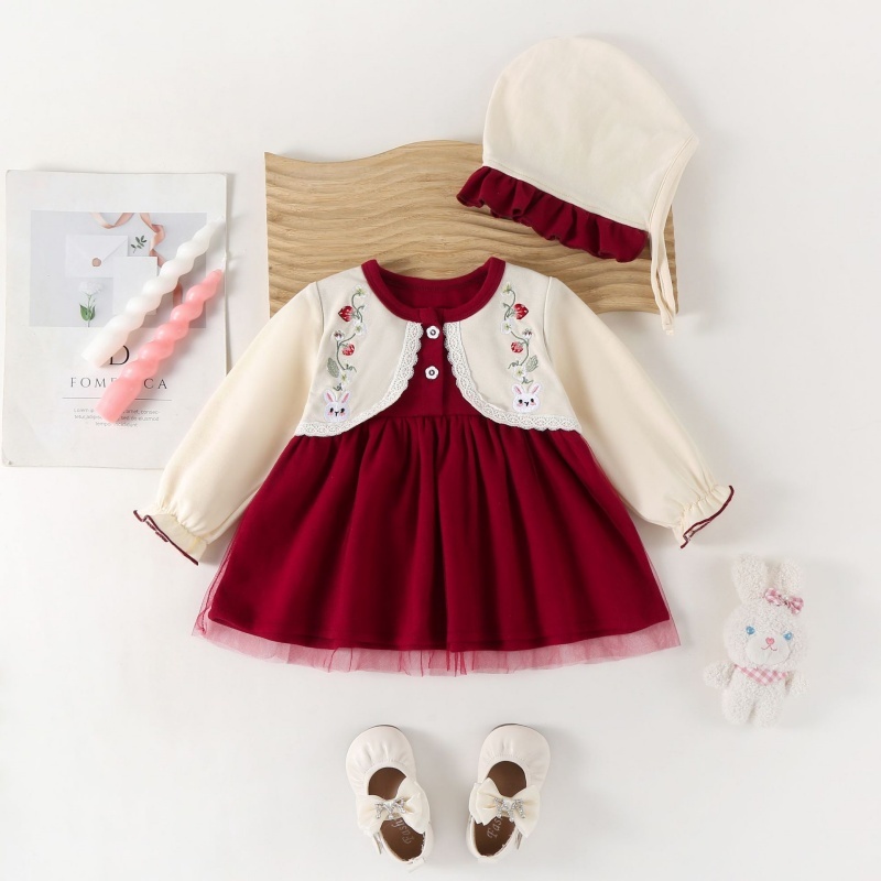 Baby Girl Long Sleeve False Two Piece Embroidered Rabbit Bilateral Dress with Hat
