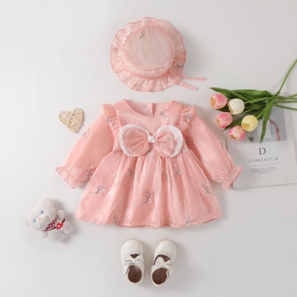 Baby Girl Long Sleeve Lily Section Embroidery Bow Mesh Dress with Hat