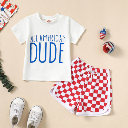 2pcs Baby Boy/Girl Independence Day Red and White Checkered T-shirt with Pant Set