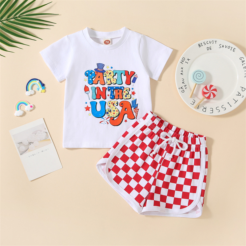 2pcs Baby Boy/Girl Independence Day Red and White Checkered Colorful Letter Print T-shirt with Pant Set