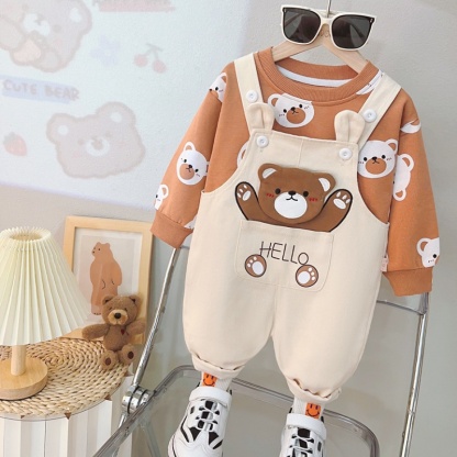 2pcs Baby Girl/Boy Full Print Bear Bib Pants Long Sleeve Set