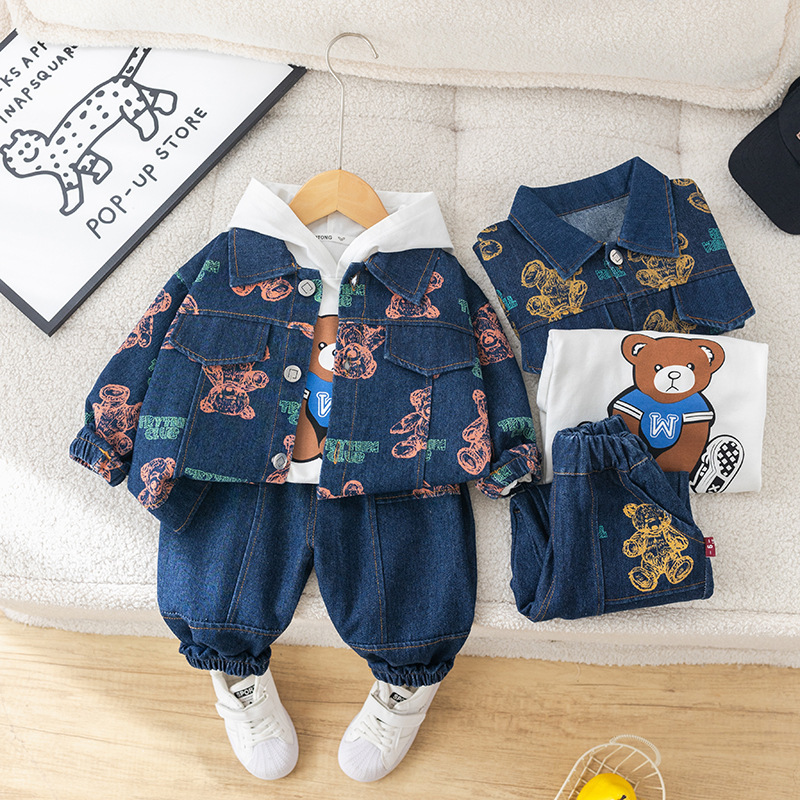 3pcs Baby Boy Full Print Bear Hooded Sweatshirt Long Sleeve Set