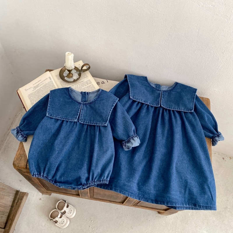 Baby Girl/Boy Denim Collar Long Sleeve Bodysuit+Dress
