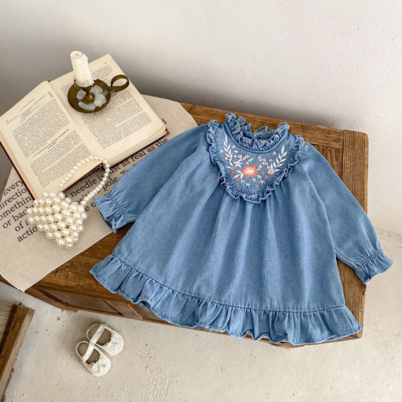 Baby Girl Floral Embroidery Denim Long Sleeve Dress