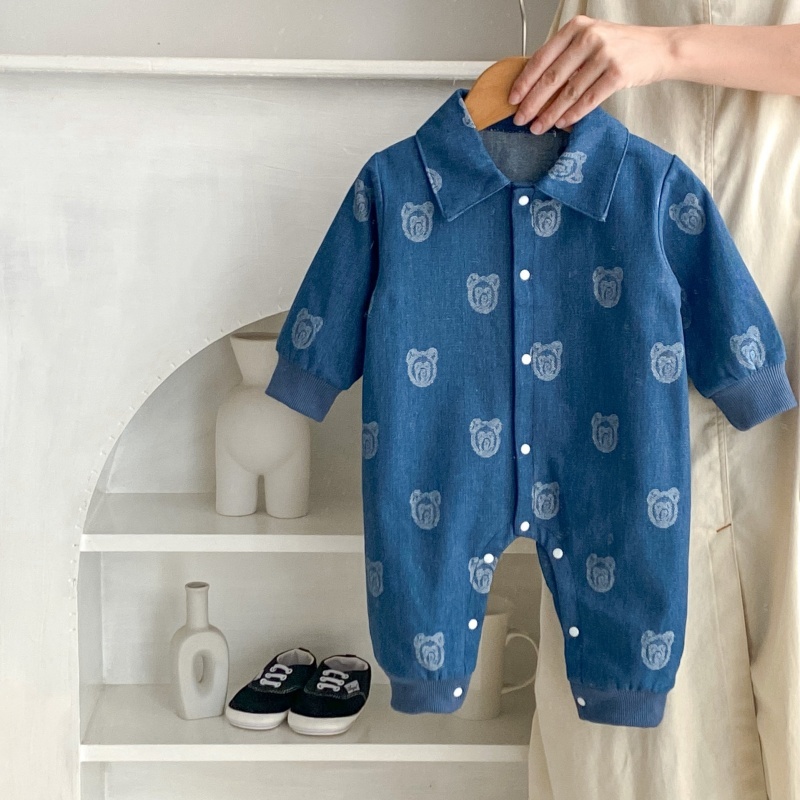 Baby Girl/Boy Cute Bear Pattern with Small Lapel Long Sleeve Romper